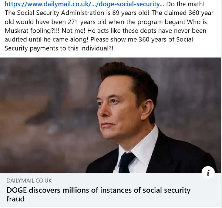 A screenshot of a DailyMail.co.uk article headline about 'DOGE' discovering social security fraud, overlaid with a comment…