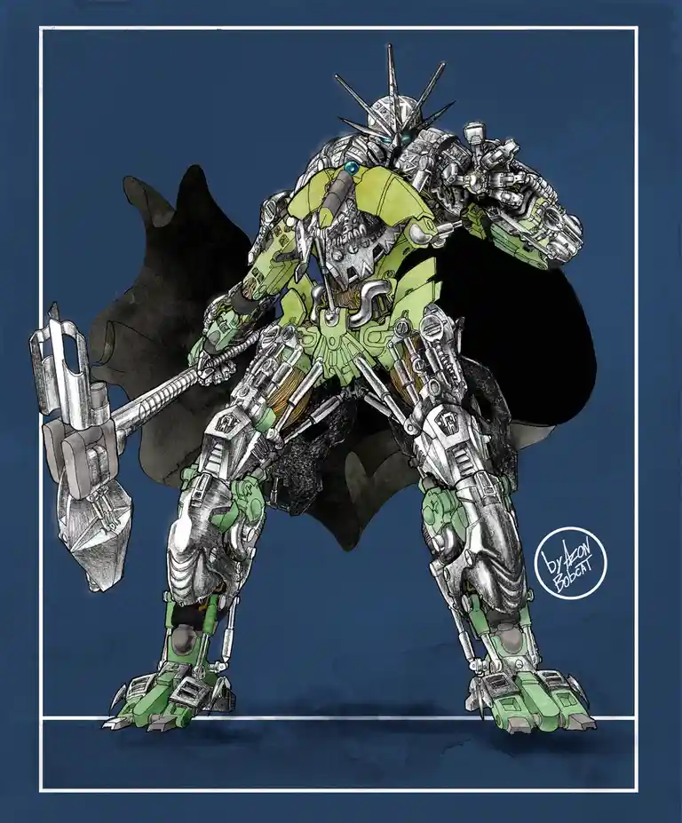 A detailed illustration of a large, green and silver robot with a black cape, holding a hammer, standing against a blue…