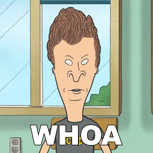 The image displays six panels of the animated character Beavis from 'Beavis and Butt-Head,' each showing him looking out a…