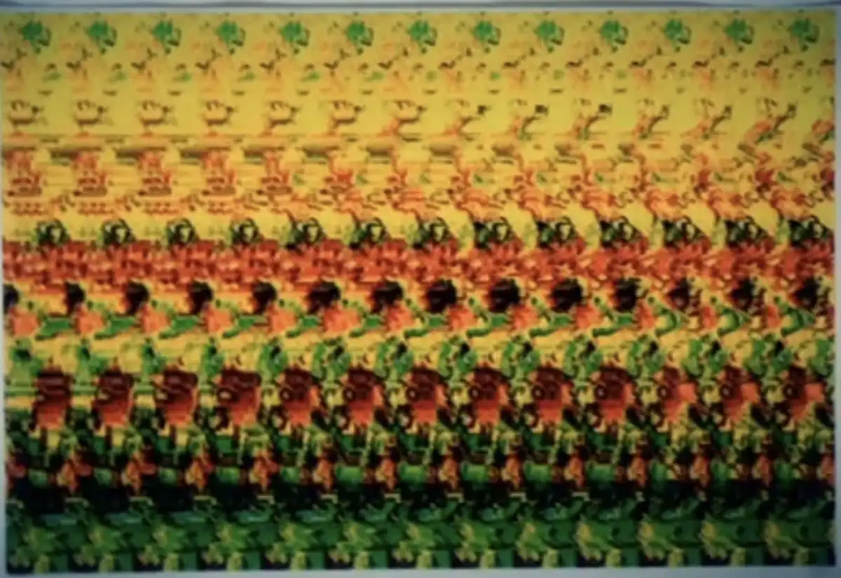 The image shows a repeating, low-resolution pattern of stylized human figures in green and orange uniforms, arranged in rows…