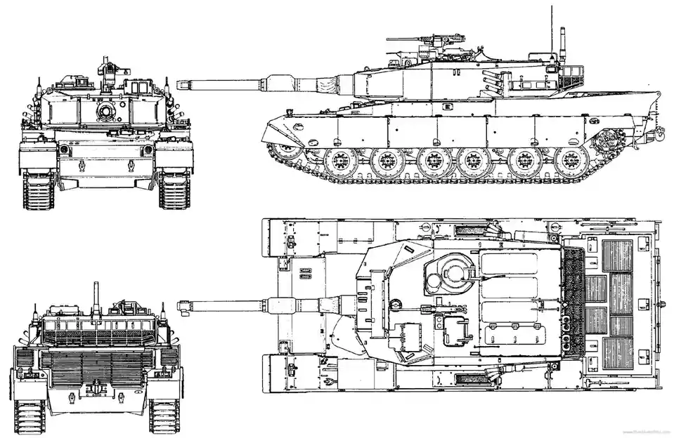 The image displays a technical line drawing of a modern main battle tank, presented in four orthographic views: front, side…