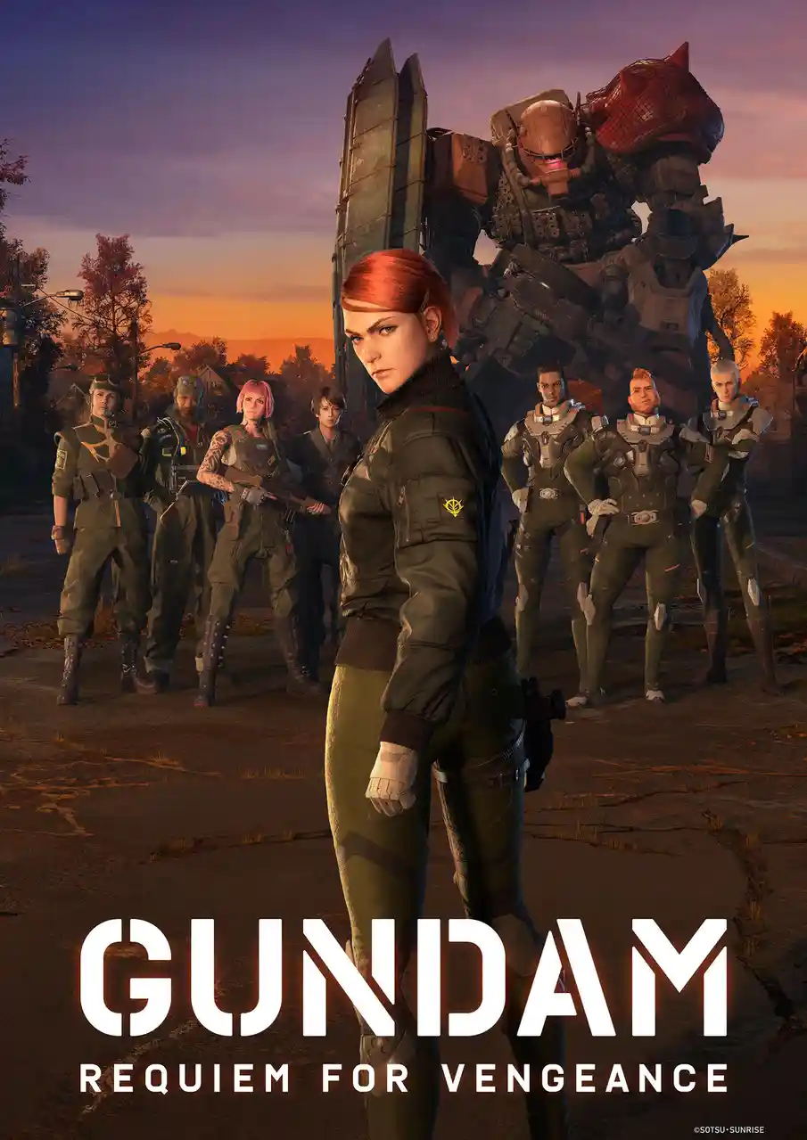 A promotional poster for the anime 'Gundam: Requiem for Vengeance' shows a group of eight characters in military-style gear…