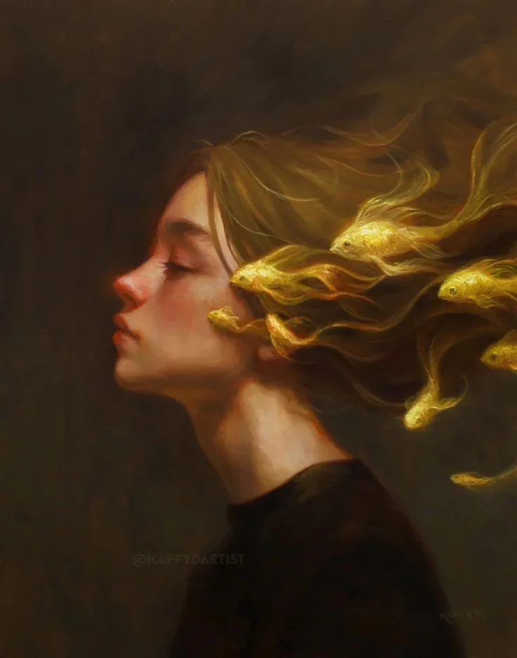A serene woman with her eyes closed and head tilted up, her golden hair flowing as if in wind, but instead of strands, it's…