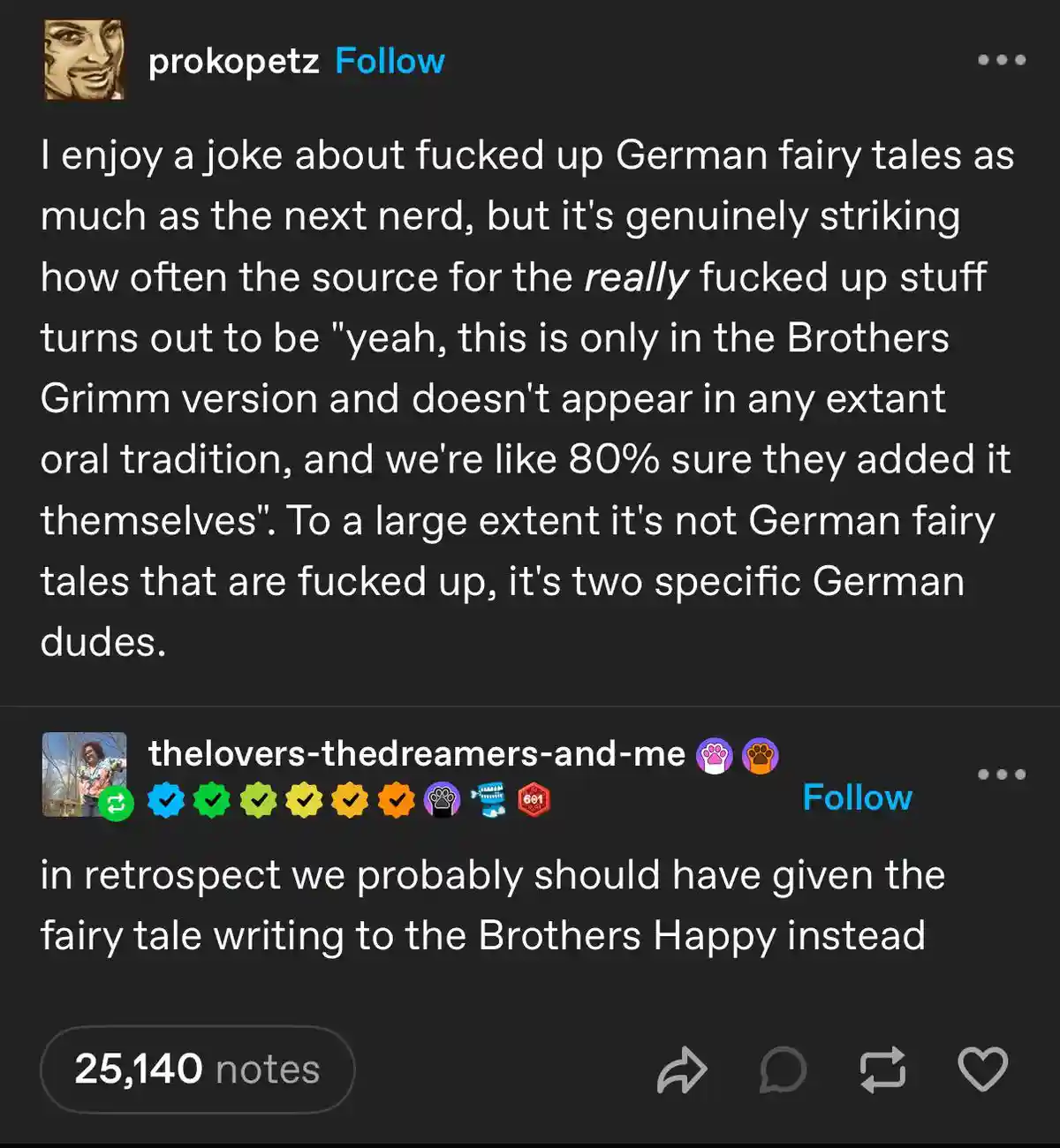 A screenshot of a social media post where the top comment laments how many messed-up German fairy tales come from the…