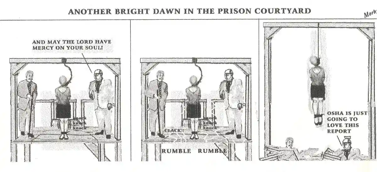 A three-panel black-and-white comic strip titled 'ANOTHER BRIGHT DAWN IN THE PRISON COURTYARD' depicts a man being executed…