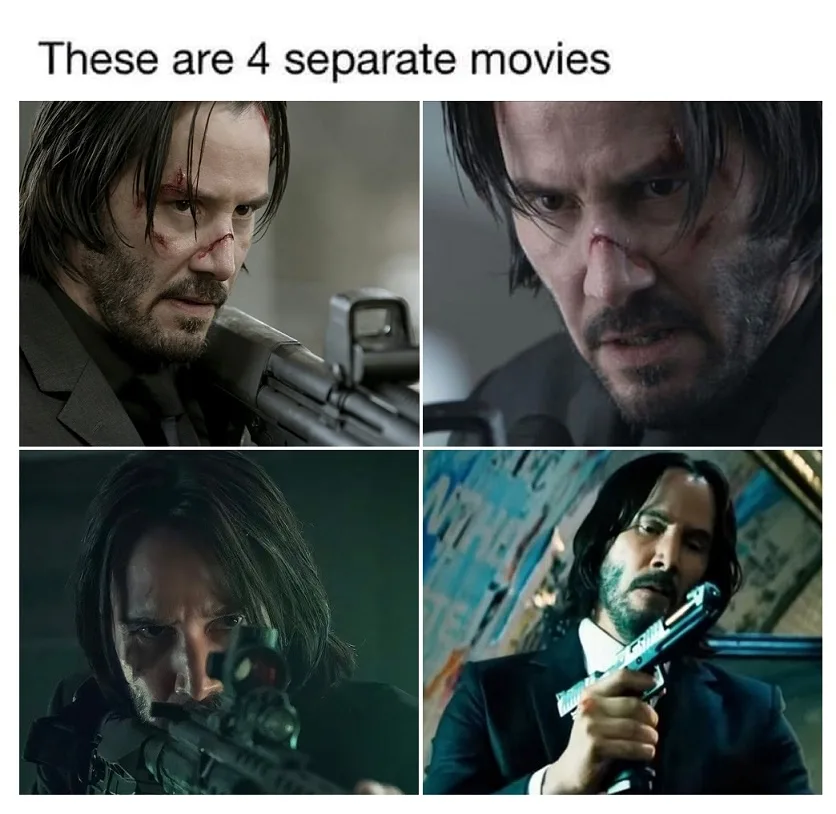 Four images of Keanu Reeves as John Wick, each showing him with a different firearm and distinct facial expressions…