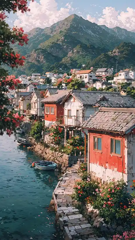 A picturesque, idyllic coastal village with colorful houses, stone paths, and boats along a calm blue waterway, set against…
