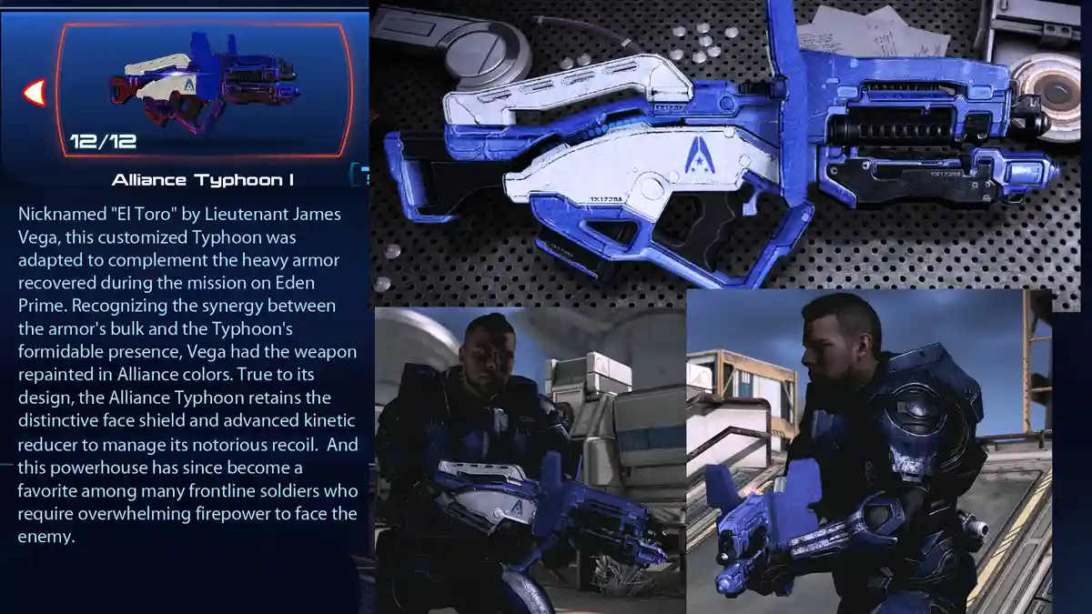 The image displays a blue and white customized weapon called the 'Alliance Typhoon I', nicknamed 'El Toro', shown in a game…