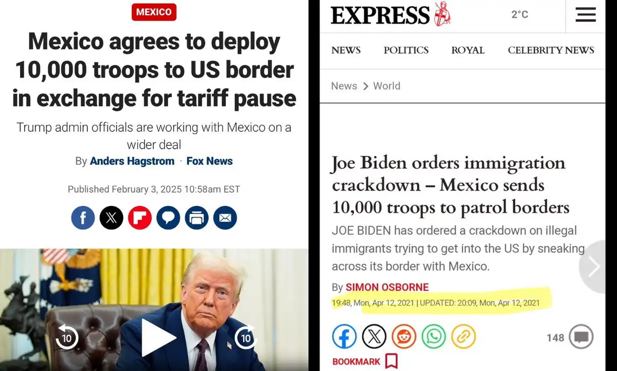 The image displays two side-by-side fake news articles. The left shows a Fox News headline with a photo of Donald Trump…