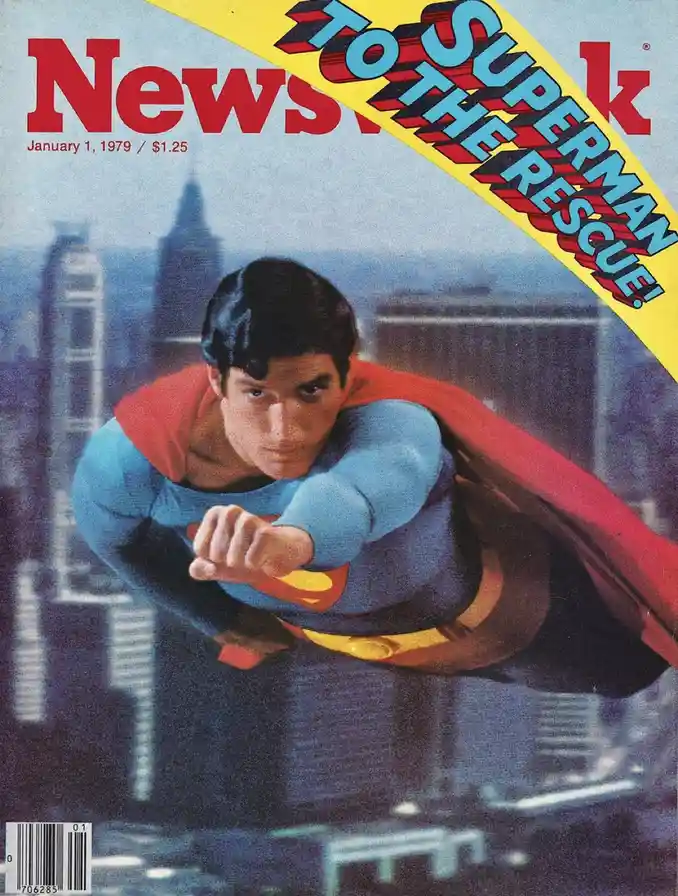 The image shows the cover of a 1979 Newsweek magazine featuring Superman flying over a cityscape. The text 'TO THE RESCUE!'…