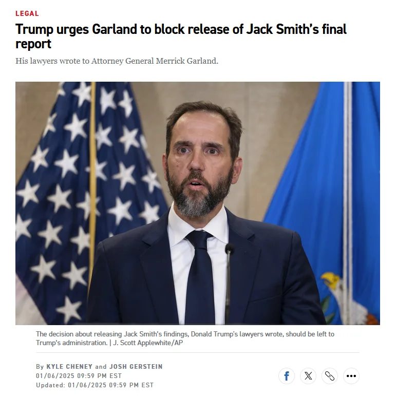 A screenshot of a news article headline reads 'Trump urges Garland to block release of Jack Smith's final report' above a…