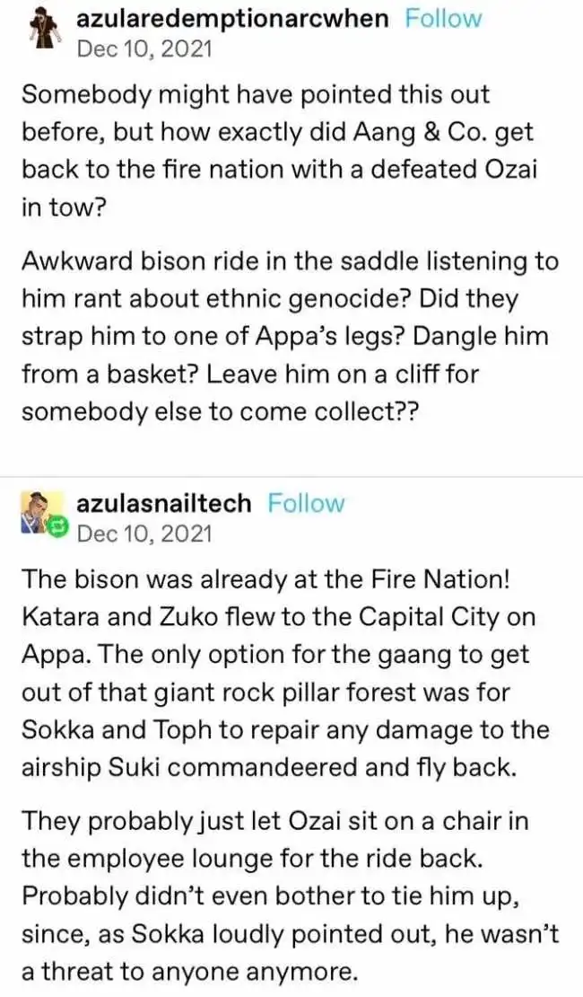 This image shows a screenshot of a Reddit thread where one user questions how Aang and his friends transported defeated Fire…