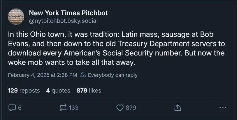 A screenshot of a social media post from 'New York Times Pitchbot' on a dark-themed platform, showing a satirical text about…