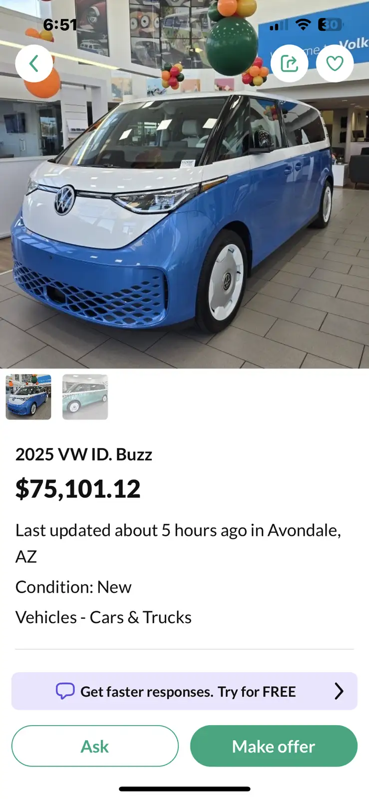 A screenshot of a car listing app showing a blue and white 2025 Volkswagen ID. Buzz priced at $75,101.12, with text…
