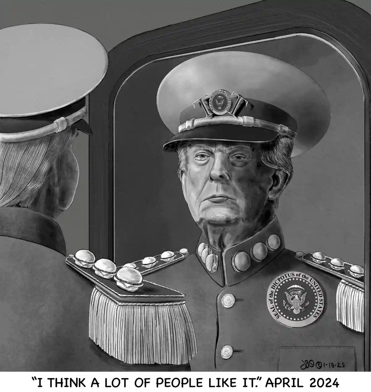 A black-and-white illustration shows a person in a military-style uniform with the seal of the 'DIPCOTUS of the UNITED…