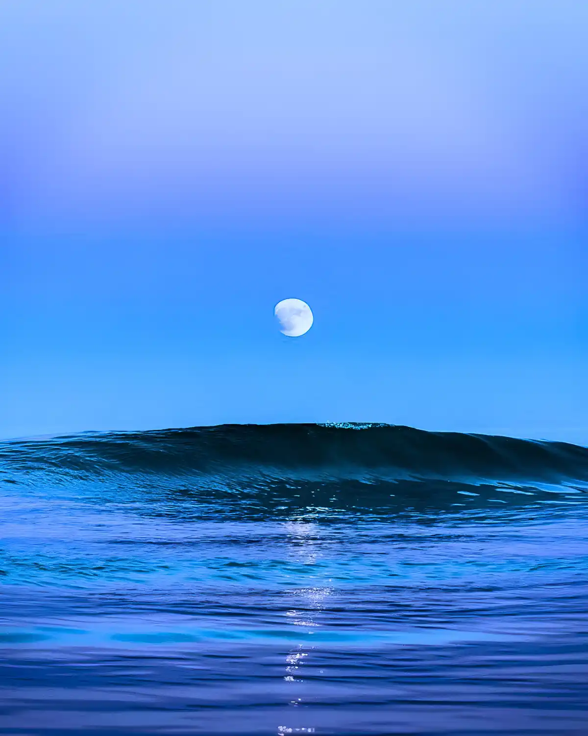 A serene blue-toned photograph shows a large ocean wave cresting in the foreground, with a full moon visible in the clear…