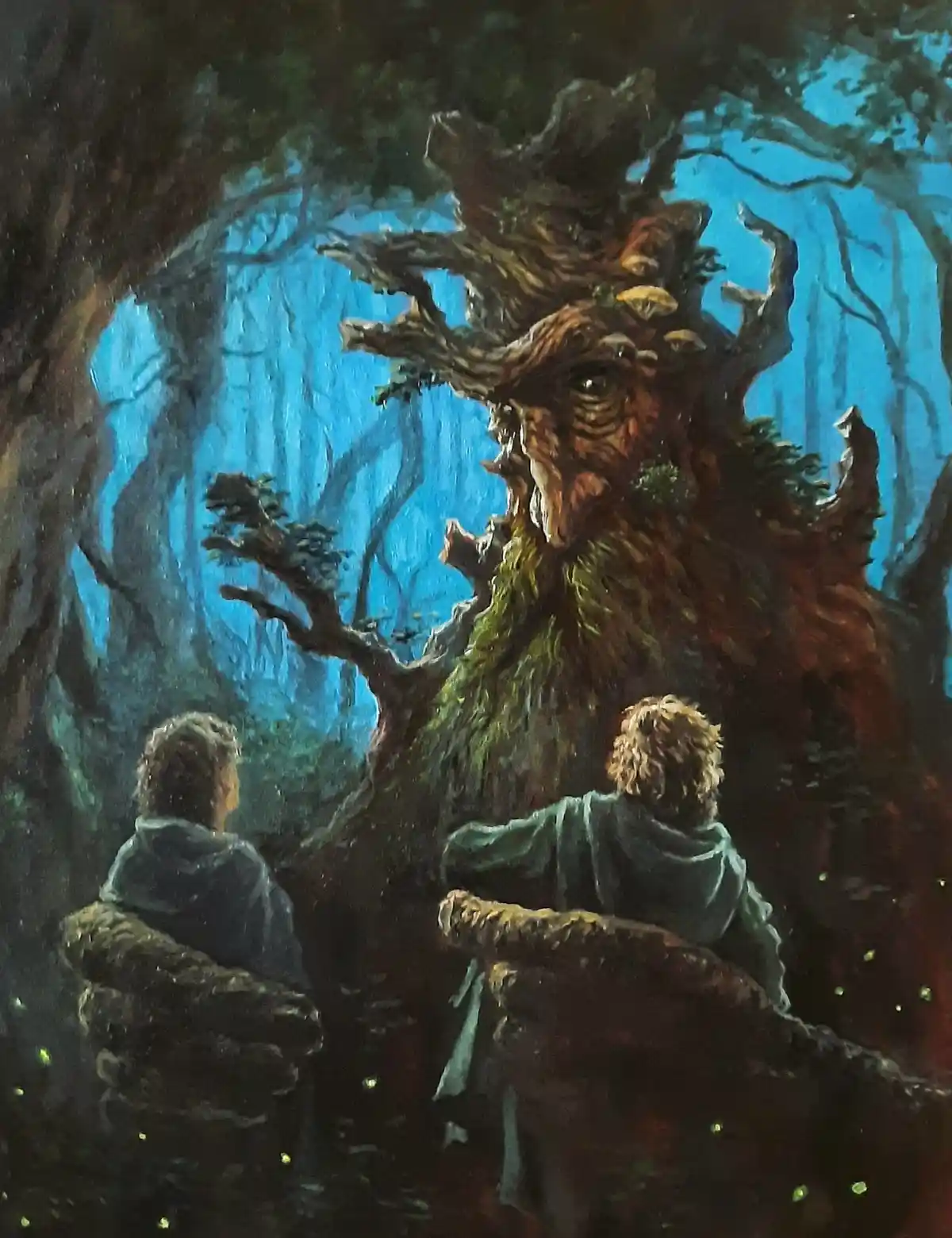 Two children in hooded robes sit facing a giant, sentient tree with a human-like face and mossy beard in a dark, blue-lit…