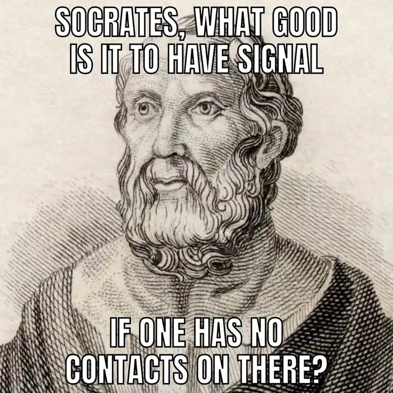 A black-and-white engraved portrait of the ancient Greek philosopher Socrates, with bold white text overlaid. The top text…