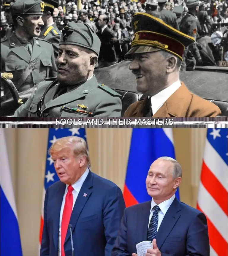 The top panel shows Adolf Hitler smiling beside Benito Mussolini in a military vehicle, with a crowd behind them. The bottom…