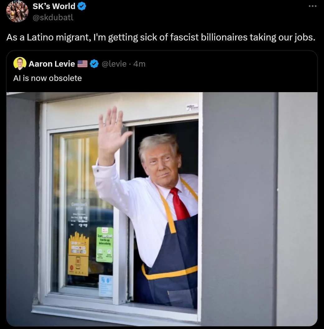 A screenshot of a tweet thread shows a user complaining about billionaires taking jobs, followed by a reply from Aaron Levie…
