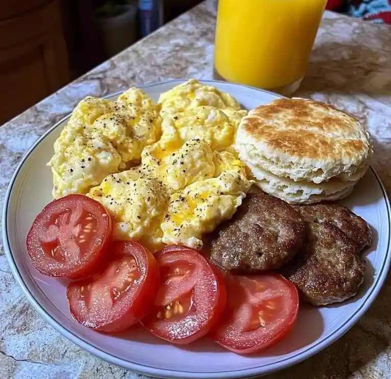 A plate of breakfast food including scrambled eggs, a biscuit, sausage patties, and sliced tomatoes, with a glass of orange…