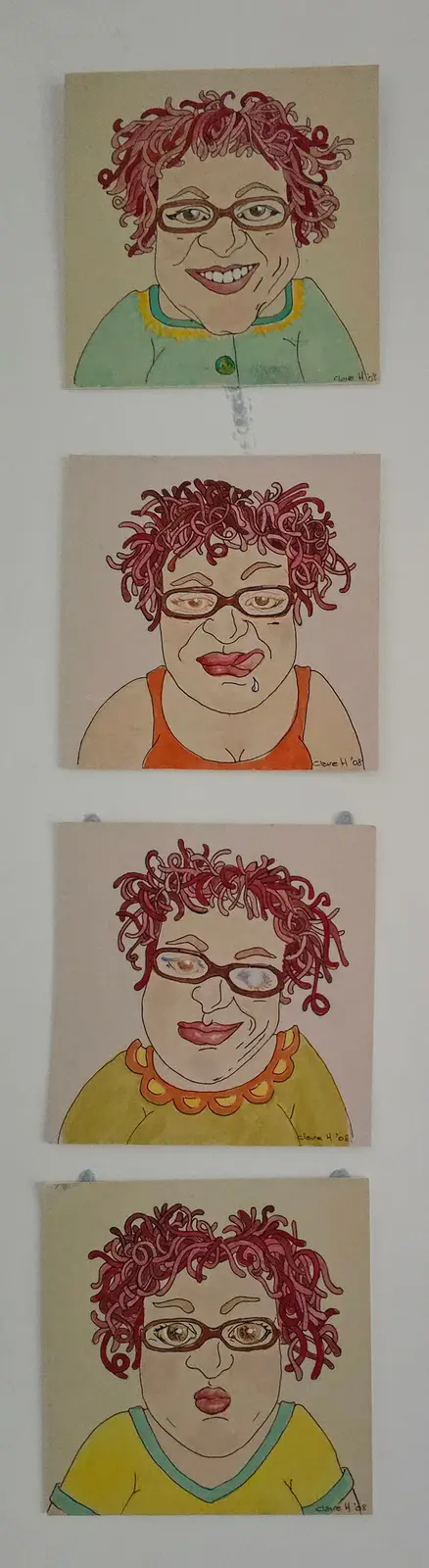 Four vertically stacked hand-drawn portraits of the same woman with curly red hair and glasses, each showing a different…