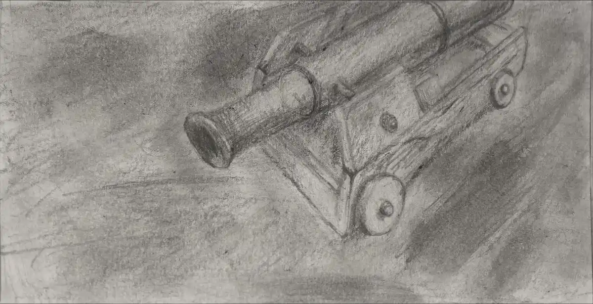 A pencil sketch of an old-fashioned cannon on wheels, rendered in grayscale with shading. The overlaid text reads 'i'm not a…