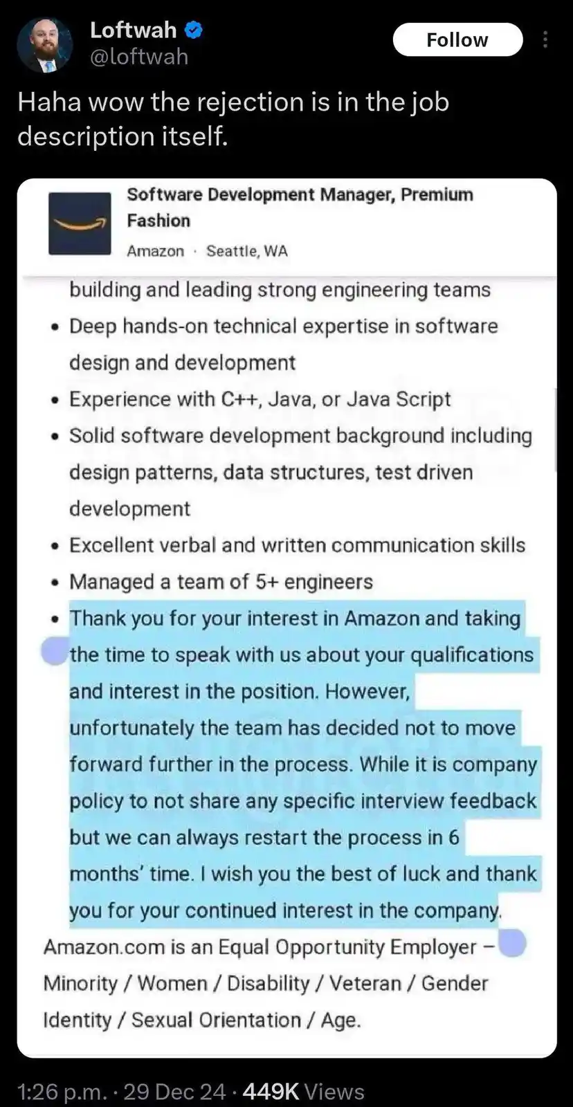A screenshot of a job posting for a 'Software Development Manager, Premium Fashion' at Amazon in Seattle, WA, with a blue…