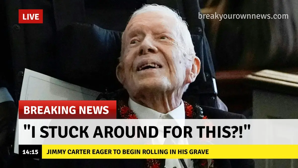 An image of elderly Jimmy Carter in a wheelchair, overlaid with a fake breaking news graphic. The graphic includes a 'LIVE'…