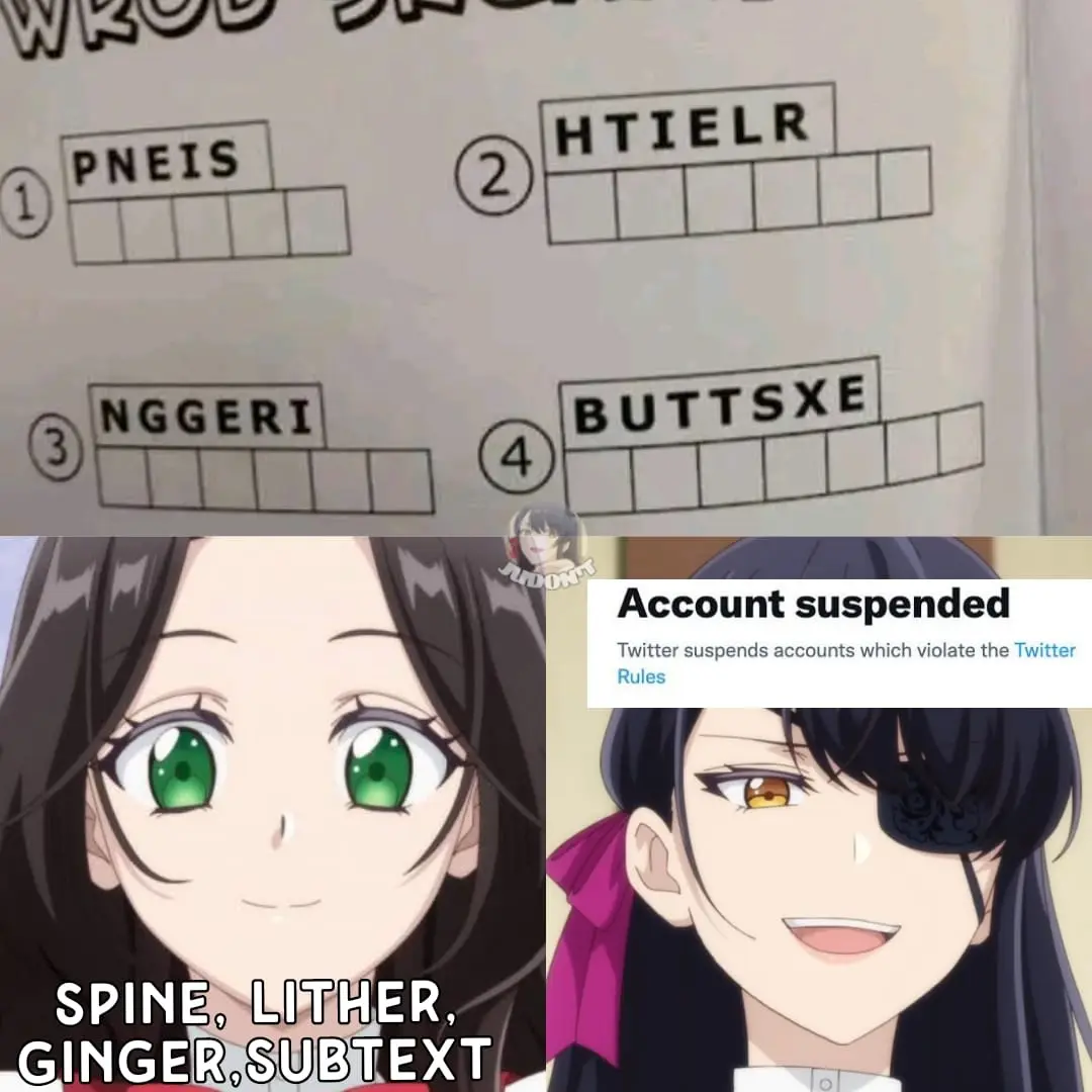 The image shows a crossword puzzle with clues like 'PNEIS', 'HTIELR', 'NGGERI', and 'BUTTSXE'. Below, two anime characters…