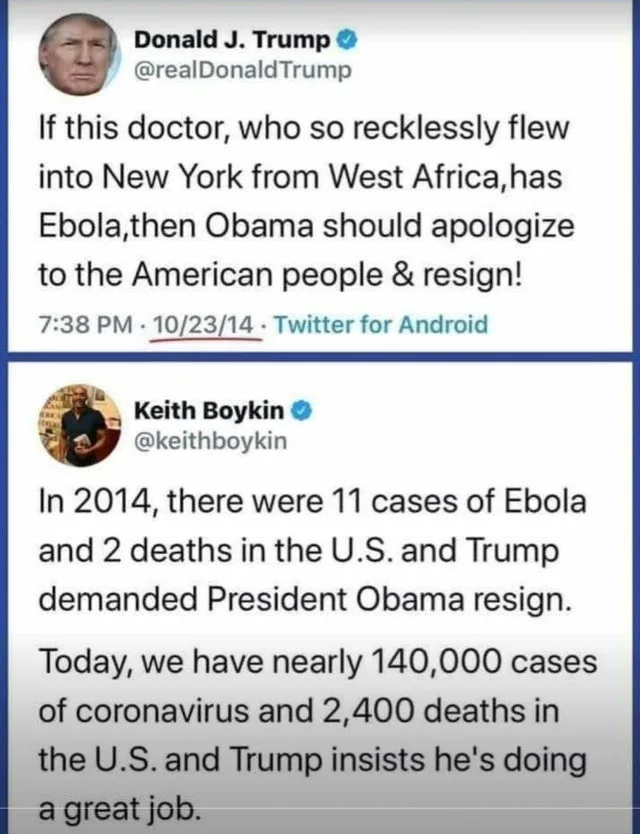 The image displays two Twitter posts. The top one is from Donald J. Trump, dated October 23, 2014, demanding President Obama…