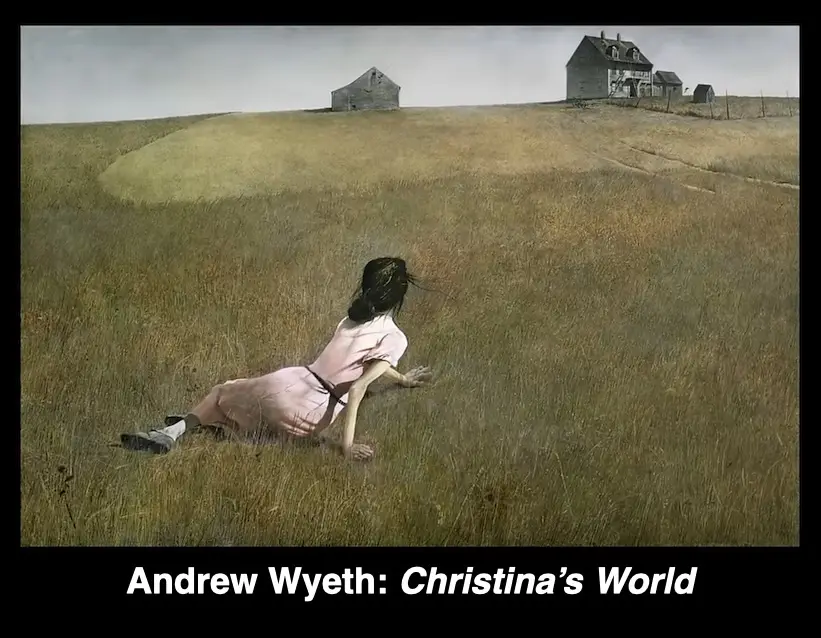 A woman in a pink dress crawls across a vast, dry field toward distant farmhouses under a gray sky. The image is the famous…
