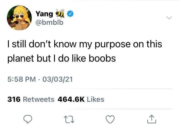 A screenshot of a tweet from verified Twitter user Yang (@bmblb), whose profile picture shows an anime-style character with…