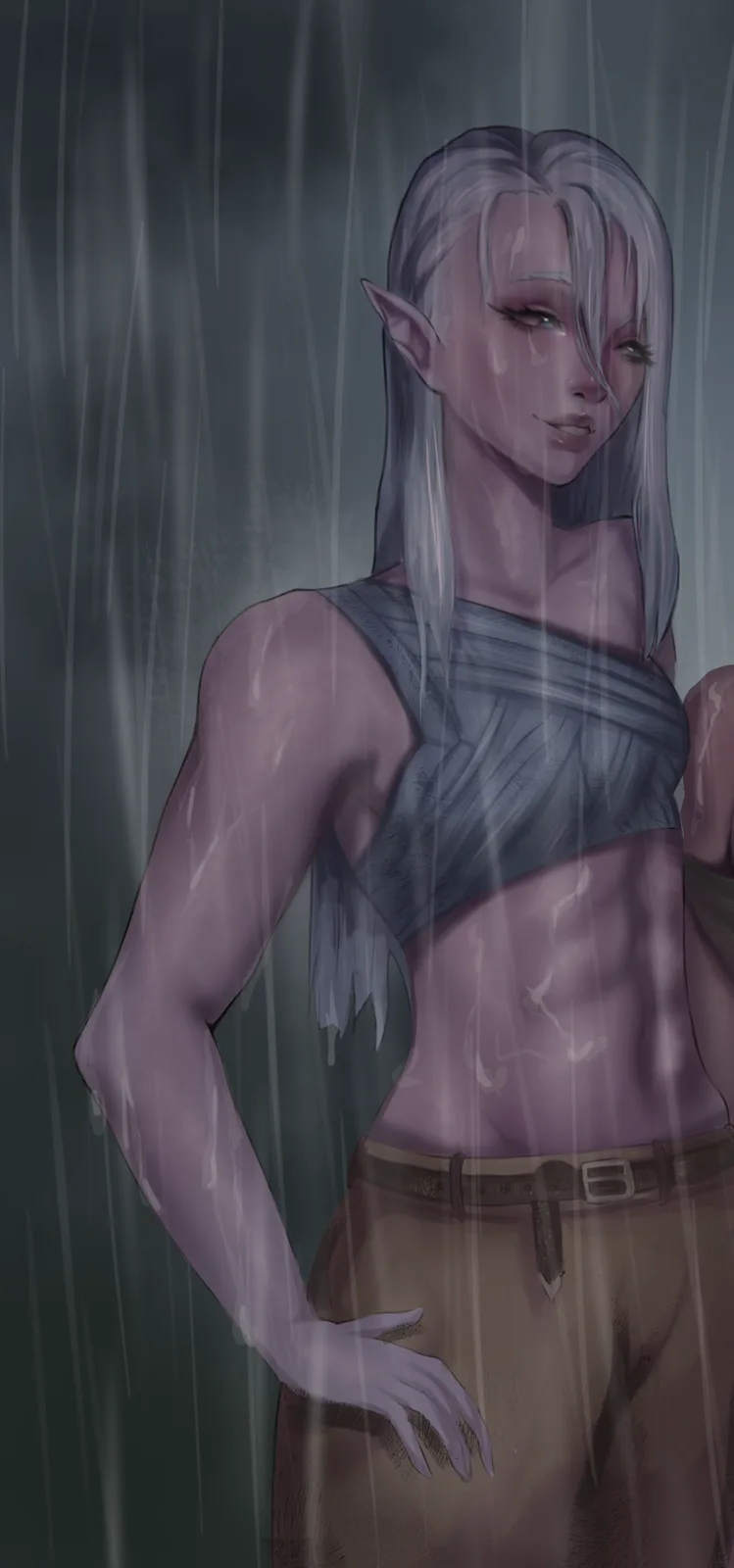 An anime-style elf woman with silver hair and pointed ears stands in heavy rain, her skin and clothes soaked, looking serene…