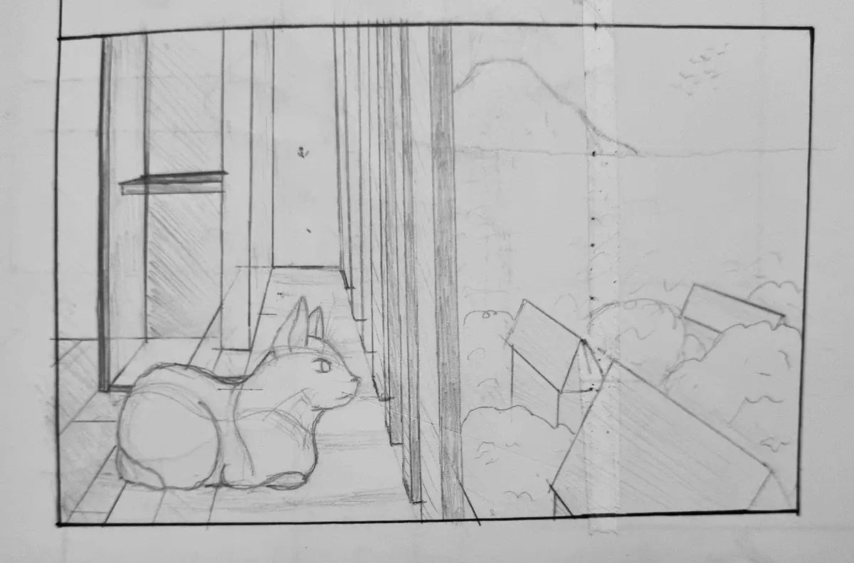 A pencil sketch shows a cat sitting indoors near a window, looking out at a stylized outdoor scene with houses and hills…