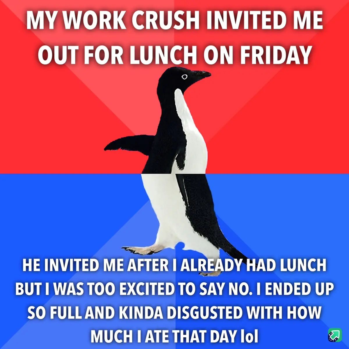 A penguin stands centered against a red and blue background, split horizontally. White bold text overlays the image in two…