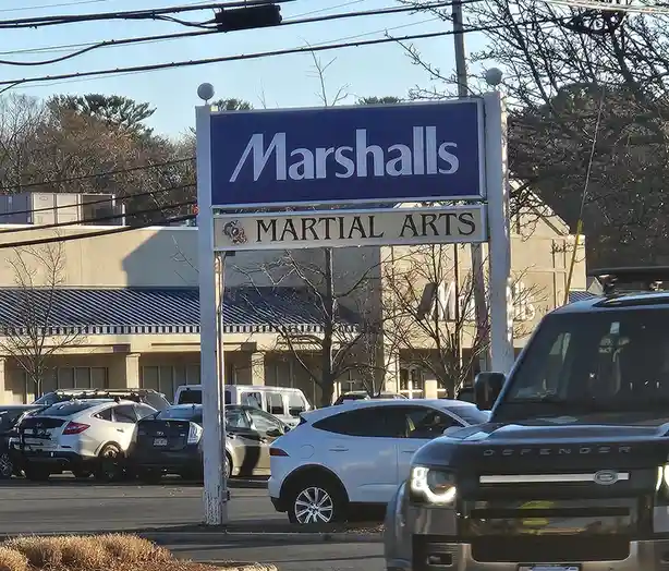 An outdoor photo of a Marshalls retail store sign, which has a second, smaller sign below it reading 'MARTIAL ARTS' in a…
