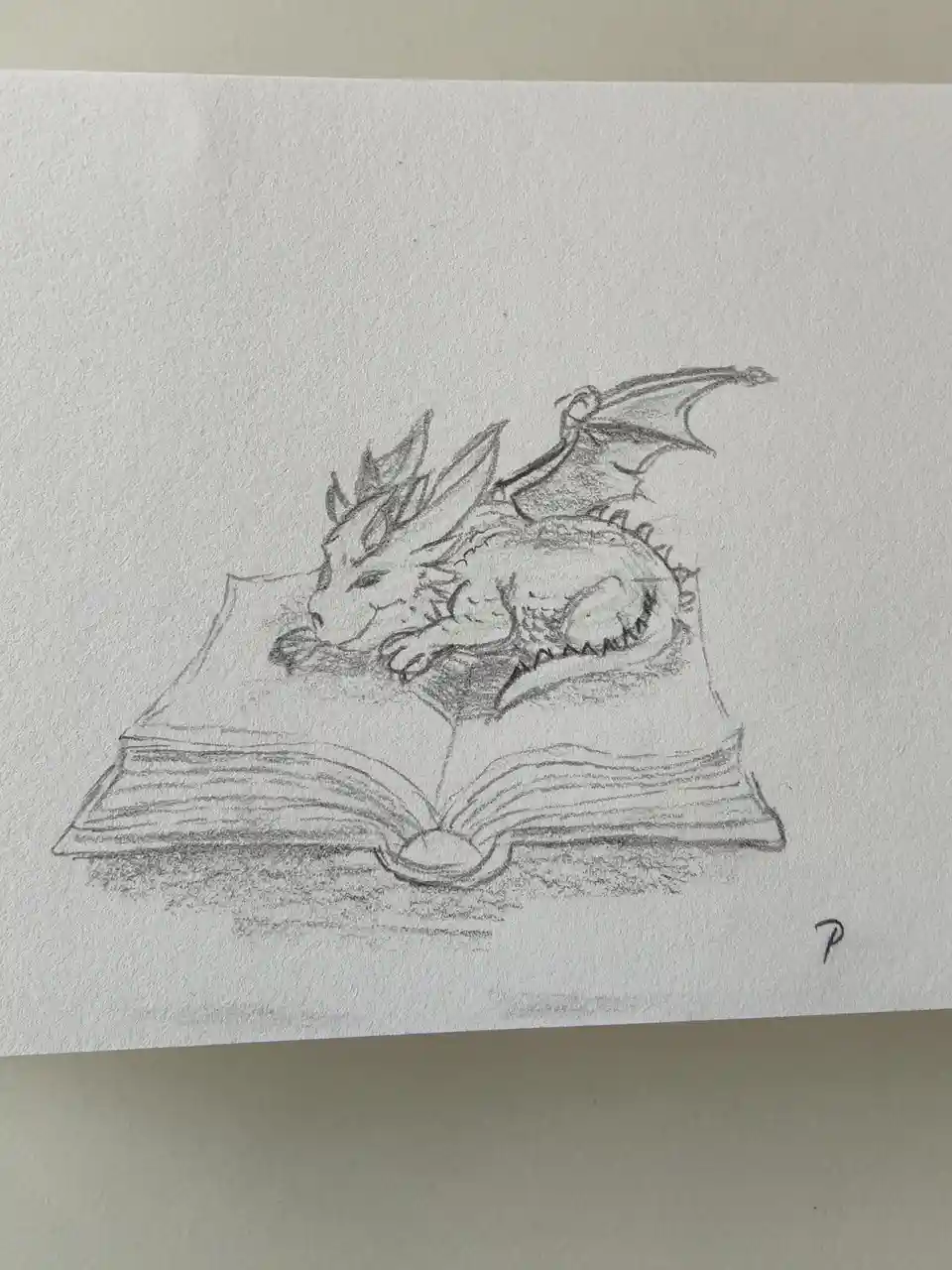A pencil sketch shows a small, sleeping dragon curled up and resting its head on the pages of an open book. The dragon has…