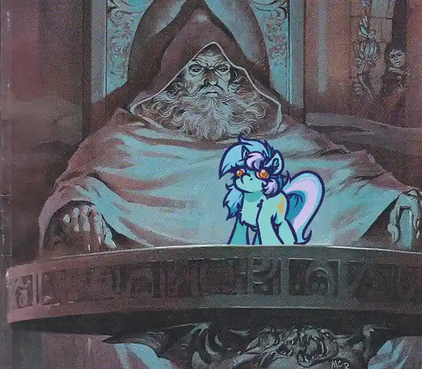A cartoon pony with blue hair and a yellow 'J' on its flank is superimposed over a painting of a stern, bearded wizard in a…
