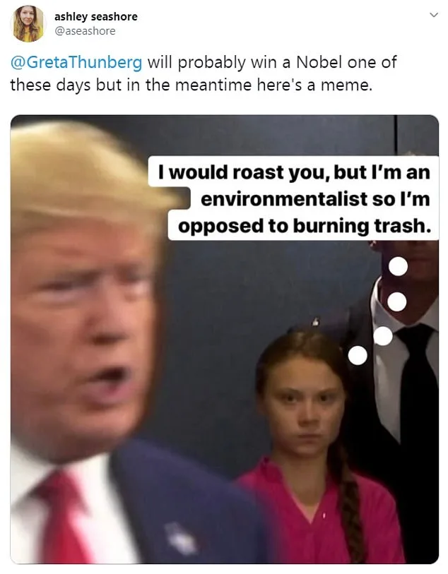 The image shows Donald Trump speaking with an open mouth, while Greta Thunberg stands behind him looking serious. White text…