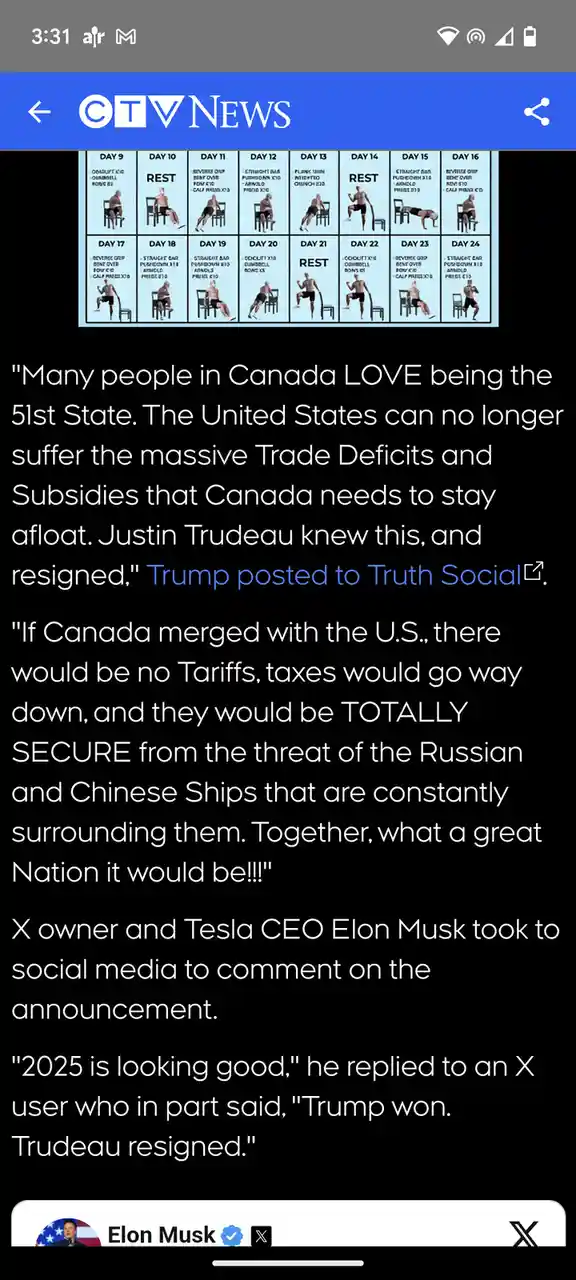 The image displays a screenshot of a CTV News article with overlaid text mimicking a fictional quote from Donald Trump and…