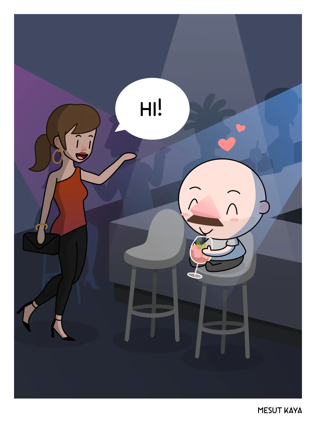 A cartoon woman in a red top and black pants approaches a bald man with a mustache sitting at a bar, smiling and waving. He…