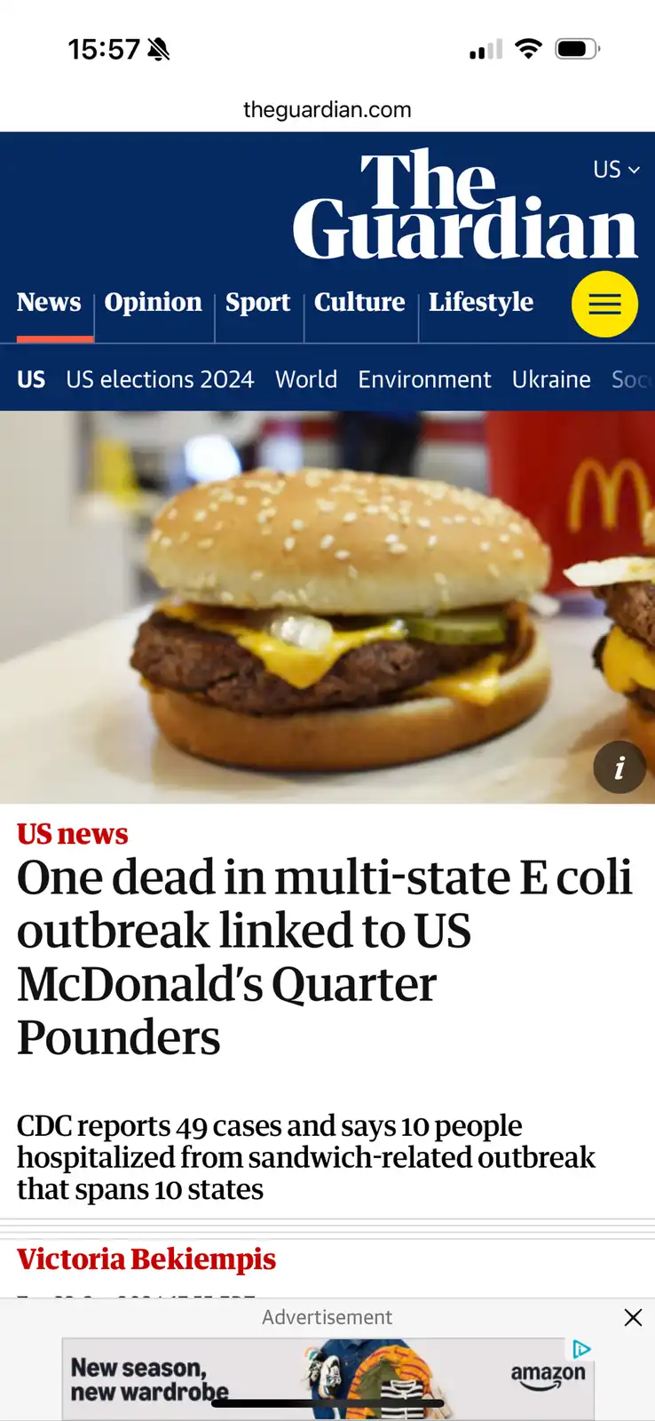 A screenshot of The Guardian's mobile news app shows a headline about a deadly E. coli outbreak linked to McDonald's Quarter…