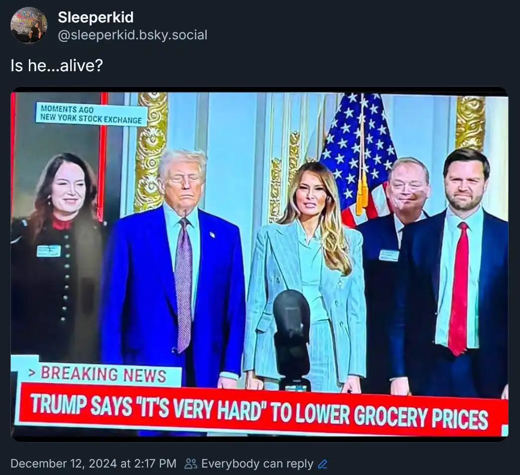 A screenshot of a news broadcast shows Donald Trump, Melania Trump, and three other people standing in front of an American…