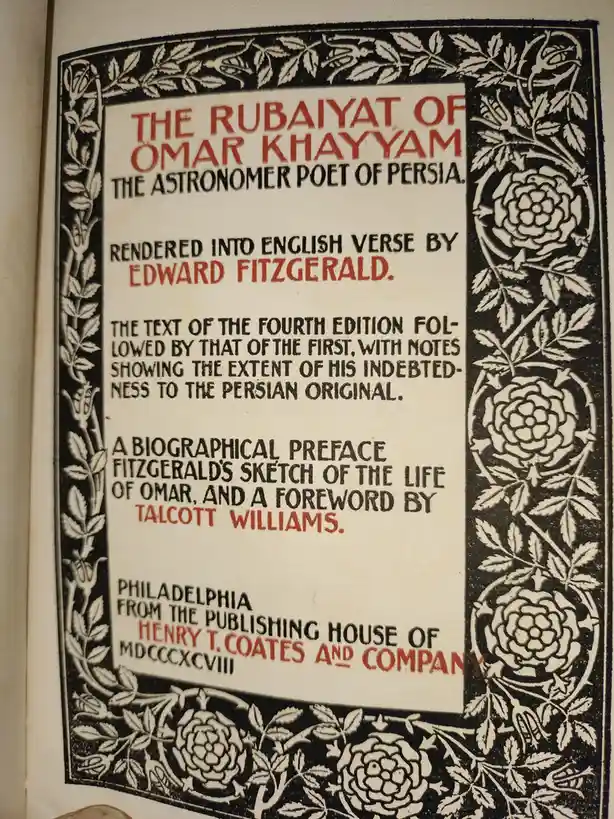 The image shows a vintage book title page for 'The Rubaiyat of Omar Khayyam,' rendered into English verse by Edward…