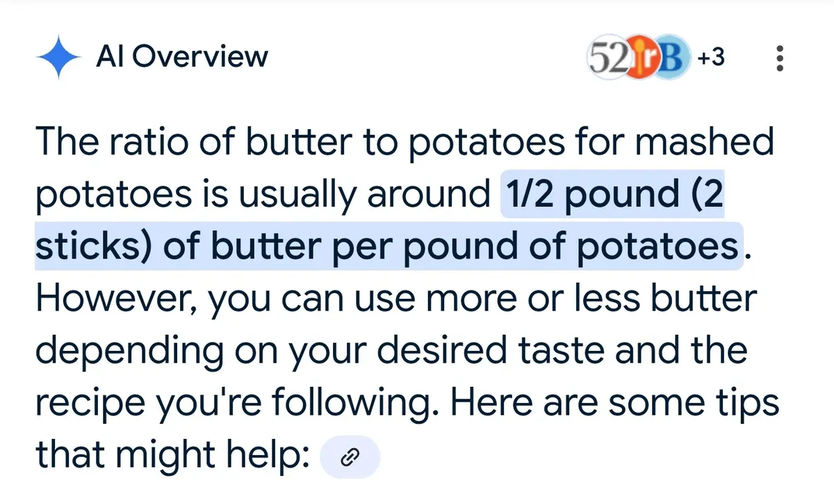 A screenshot of an AI-generated text snippet titled 'AI Overview' that states the typical butter-to-potato ratio for mashed…