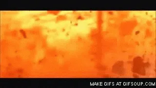 The image is a six-panel GIF sequence showing an explosion in the top row and a woman's progressively shocked facial…