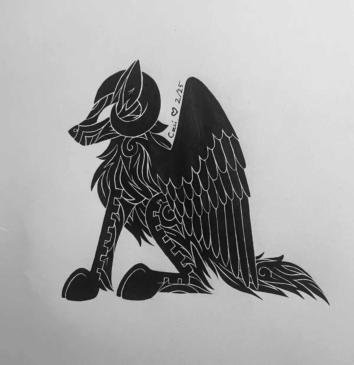 A black-and-white drawing of a stylized, kneeling winged creature resembling a wolf or dog with ornate, tribal patterns on…