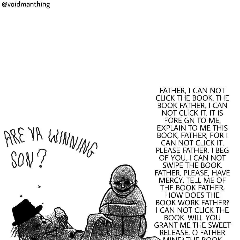 A black-and-white comic panel shows a bald, smiling figure sitting on a couch, pleading to a reclining, hat-wearing figure…