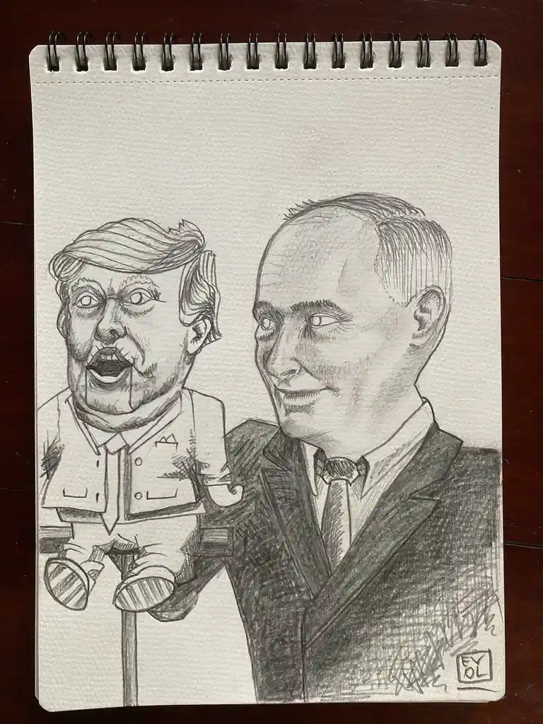 A pencil sketch on a spiral-bound notebook shows Vladimir Putin holding a caricatured puppet of Donald Trump, who has…